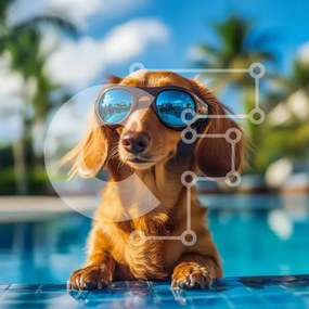 Intra Συλλεκτικό Ξύλινο Παζλ Plywood  4mm - Σκύλος Dachshund με γυαλιά ηλίου δίπλα στην πισίνα Σε Ξύλινο Κουτί - Διαστάσεις: 10x10 cm – 25 κομμάτια