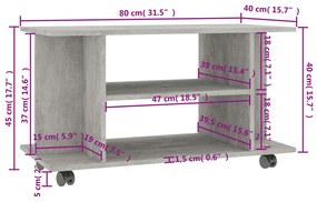 vidaXL Έπιπλο TV με Ρόδες Γκρι Σκυροδέματος 80x40x45 εκ. Επεξ. Ξύλο