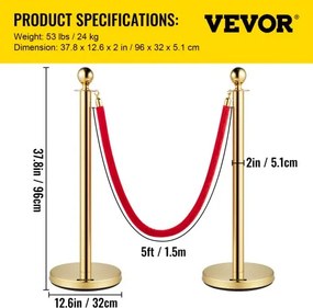 VEVOR Velvet Ropes and Posts Gold Stanchion 5ft/1.5m Crowd Control Barriers 4PCS