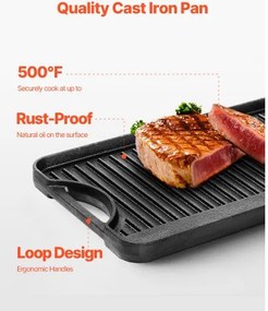 VEVOR 20x10 in Reversible Grill Griddle Pre-Seasoned BBQ Pan Cast Iron Black