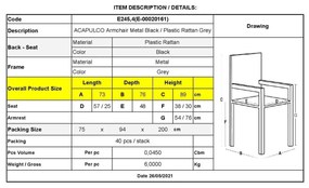 Πολυθρόνα Μεταλική Μαύρη, ACAPULCO Plastic Rattan Γκρι 73x76x89cm