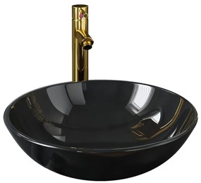 Νιπτήρας Μπάνιου με Βρύση&amp; Βαλβίδα Πατητή από Ψημ. Γυαλί Μαύρος - Μαύρο