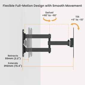 POWERTECH επιτοίχια βάση τηλεόρασης PT-1556, 23-43", έως 30kg, full motion