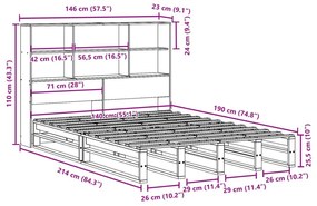 Κρεβάτι Βιβλιοθήκη Χωρίς Στρώμα 140x190 εκ Μασίφ Πεύκο - Καφέ