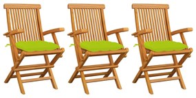 Καρέκλες Κήπου 3 τεμ. Μασίφ Ξύλο Teak Φωτεινά Πράσινα Μαξιλάρια