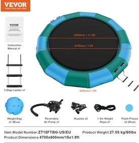 VEVOR 15ft Inflatable Water Trampoline Swim Platform Bounce for Pool Lake Toy