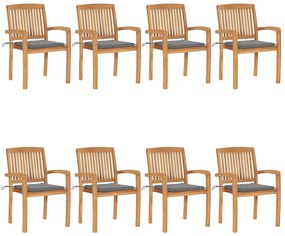3073241 vidaXL Καρέκλες Κήπου Στοιβαζόμενες 8 τεμ. Μασίφ Ξύλο Teak &amp; Μαξιλάρια Γκρι, 1 Τεμάχιο