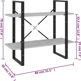 vidaXL Βιβλιοθήκη με 2 Ράφια Γκρι Σκυρ. 80 x 30 x 70 εκ. Επεξ. Ξύλο