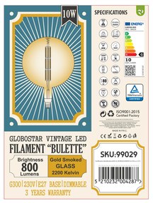 GloboStar 99029 Λάμπα LED Long Filament E27 G300 BULETTE Γλόμπος 10W 800lm 360° AC 220-240V IP20 Φ30 x Υ49cm Ultra Θερμό Λευκό 2200K με Μελί Γυαλί - Dimmable - 3 Years Warranty - The Bigger Bulb in Greece