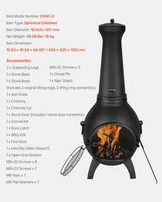 VEVOR 18 In Chiminea Outdoor Wood Burning Firepit with Grill Mesh &amp; Chimney Coat