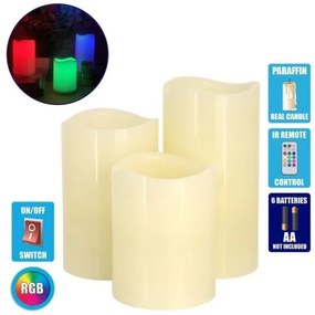 Σετ 3 RGB Διακοσμητικών Κεριών Παραφίνης LED Μπαταρίας &amp; Ασύρματο Χειριστήριο 79556 Globostar-79556-Λευκό 79556