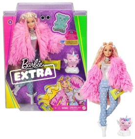 Κούκλα Barbie Extra GRN28 Με Χνουδωτό Ροζ Μπουφάν &amp; Pet Unicorn Pigg Pink Mattel