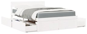 Κρεβάτι με Συρτάρια+Στρώμα Λευκό 120x200 εκ. Μασίφ Ξύλο Πεύκου - Λευκό