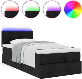 vidaXL Οθωμανικό κρεβάτι με στρώμα &amp; LEDs Μαύρο ύφασμα 90x190cm