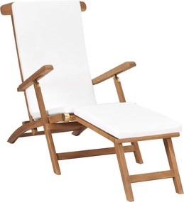 vidaXL Ξαπλώστρα Λευκό Κρεμ από Μασίφ Ξύλο Teak με Μαξιλάρι
