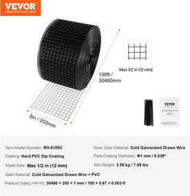 VEVOR 20 x 3048 cm Solar Panel Bird Guard, Critter Guard Roll Kit with Rustproof Coating PVC, Solar Panel Guard with 50pcs Tire Wires, 12,7 mm Wire Roll Mesh
