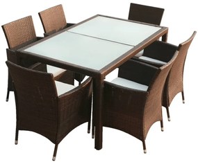 vidaXL Σετ Τραπεζαρίας Εξ. Χώρου 7 τεμ. Καφέ Συνθ. Ρατάν με Μαξιλάρια