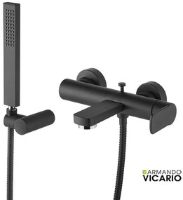 Armando Vicario GLAM Μπαταρία Λουτρού με τηλέφωνο anticalcare, επίτοιχο στήριγμα τηλεφώνου &amp; άθραυστο σπιράλ 1,5μ Black Matt