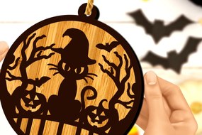 Σετ των 2 Intra απο ξύλο plywood  Χρώμα wenge 3mm-4mm πάχος - Στρογγυλό κρεμαστό σημάδι γάτας αποκριών Δίασταση 15x15 cm INTRAFABR-16788755