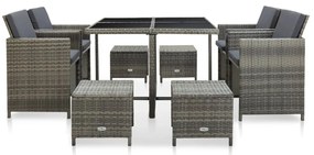 vidaXL Σετ Τραπεζαρίας Εξ. Χώρου 9 τεμ. Γκρι Συνθ. Ρατάν με Μαξιλάρια