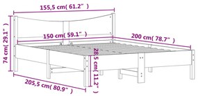 Σκελετός Κρεβατιού Χωρίς Στρώμα 150x200 εκ Μασίφ Ξύλο Πεύκου - Καφέ