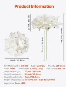 VEVOR 205 Pcs Artificial Silk Hydrangea Flowers 9.8 In Bouquet Arrangement White