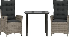 vidaXL Σετ Τραπεζαρίας Κήπου 3 τεμ. Γκρι Συνθ. Ρατάν με Μαξιλάρια