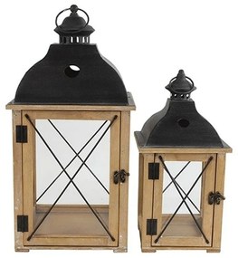 Φανάρι Ξύλινο (Σετ 2Τμχ) 013.807106 18x18x37cm/24x24x50cm Natural-Black Wood