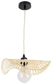 GloboStar® MELEMELE 01839 Boho Κρεμαστό Φωτιστικό Οροφής Μονόφωτο 1 x E27 AC220-240V IP20 - Φ35 x Υ4cm - Μπεζ Ξύλινο Μπαμπού Πλέγμα - 5 Χρόνια Εγγύηση