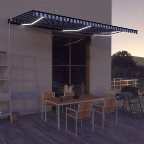 vidaXL Χειροκίνητη τέντα με ηλιακό LED 6 x 3 m Μπλε και Λευκή Ράβδος