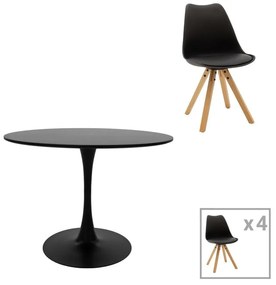 Balou-Caron dining table set of 5 MDF and pp in black-natural shade Φ100x75cm 100x100x75 εκ.