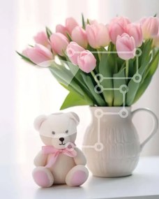 Σετ των 2 Intra Συλλεκτικό Ξύλινο Παζλ Plywood 4mm - Ροζ τουλίπες σε λευκό βάζο με αρκουδάκι Σε Ξύλινο Κουτί - Διαστάσεις: 10x10 cm – 25 κομμάτια