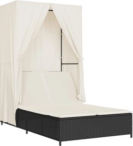 vidaXL Ξαπλώστρα Διπλή Μαύρη από Συνθετικό Ρατάν με Οροφή / Κουρτίνες