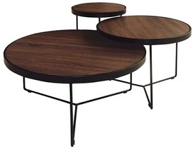 BOB Σετ 3 Τραπεζάκια Σαλονιού Καθιστικού, Μέταλλο Βαφή Μαύρο - Καρυδί