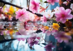 Intra Συλλεκτικό Ξύλινο Παζλ Plywood 4mm - Ροζ λουλούδια που αντανακλούν στο νερό μετά τη βροχή Σε Ξύλινο Κουτί - Διαστάσεις: 10x10 cm – 25 κομμάτια