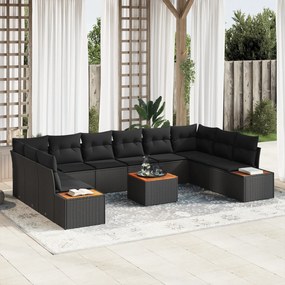 vidaXL Σετ Καναπέ Κήπου 11 Τεμαχίων με Μαξιλάρια Μαύρο Πολυ ρατάν Ακακία