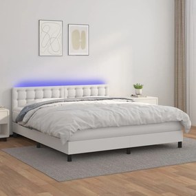 Κρεβάτι Boxspring με Στρώμα &amp; LED Λευκό 180x200 εκ. Συνθ. Δέρμα