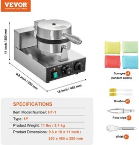 VEVOR Commercial Waffle Maker Round Waffle Iron Baker Machine Non-Stick 1230W