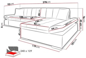 Γωνιακός Καναπές Comfivo 200, Λειτουργία ύπνου, Αποθηκευτικός χώρος, 278x161x75cm, 134 kg, Πόδια: Πλαστική ύλη | Epipla1.gr