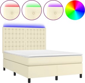 vidaXL Κρεβάτι Boxspring με Στρώμα &amp; LED Κρεμ 140x200 εκ. Συνθ. Δέρμα