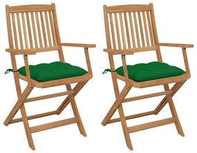 Καρέκλες Κήπου Πτυσσόμενες 2 τεμ. από Ξύλο Ακακίας με Μαξιλάρια - Πράσινο