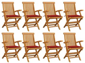 vidaXL Καρέκλες Κήπου 8 τεμ. από Μασίφ Ξύλο Teak με Κόκκινα Μαξιλάρια