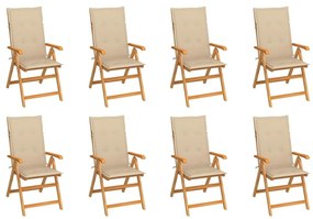 Καρέκλες Κήπου Ανακλινόμενες 8 τεμ. Μασίφ Ξύλο Teak &amp; Μαξιλάρια - Μπεζ