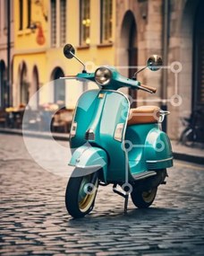 Intra Συλλεκτικό Ξύλινο Παζλ Plywood 4mm - Vintage Turquoise Scooter στην Cobblestone Street Σε Ξύλινο Κουτί - Διαστάσεις Puzzle: 10x10 cm – 25 κομμάτια