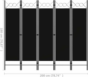 vidaXL Διαχωριστικό Δωματίου με 5 Πάνελ Μαύρο 200 x 180 εκ.