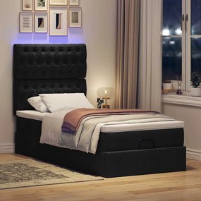 vidaXL Οθωμανικό κρεβάτι με στρώμα &amp; LEDs Μαύρο 100x200 cm Ύφασμα