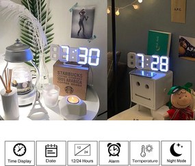 3D LED Διακοσμητικό Ρολόι Τοίχου / Επιτραπέζιο Ρολόι Μαύρη Βάση Λευκό Φως