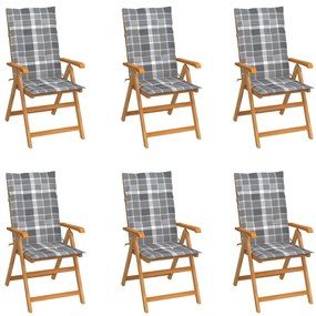 vidaXL Καρέκλες Κήπου 6 τεμ. από Μασίφ Ξύλο Teak & Γκρι Καρό Μαξιλάρια