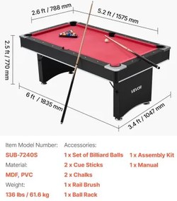 VEVOR Pool Table, 183cm Portable Billiards Tables, Adjustable Feet Stable Game Table, Entertainment Set Includes Ball, Cue, Rack, Chalk and Brush, Black with Red Cloth, for Family Use, Recreation Room