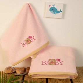 Πετσέτες Βρεφικές Με Κέντημα Baby Bear 162 (Σετ 2τμχ) Pink DimCol Σετ Πετσέτες 70x140cm 100% Cotton
